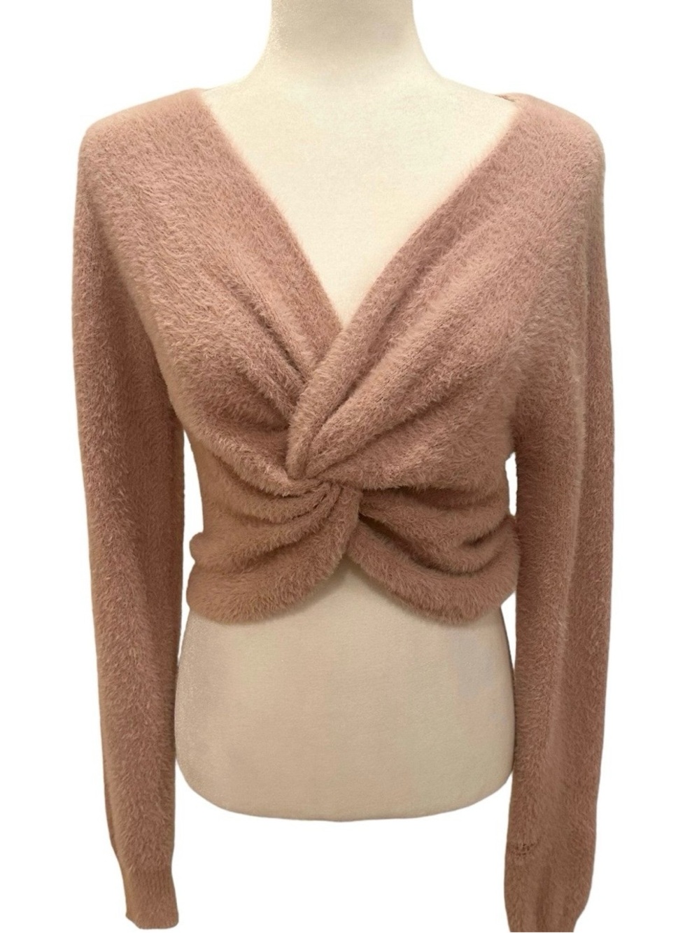 Light Pink Fuzzy Twist Front Cropped Sweater Size L